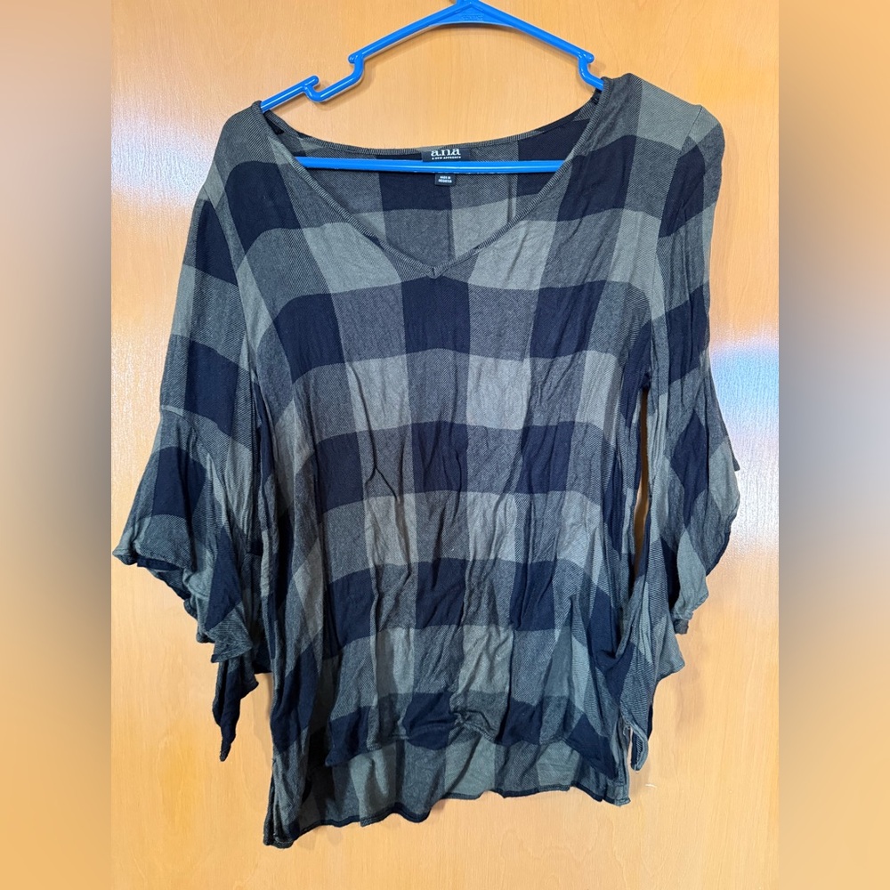 a.n.a Black and Gray Checkered V-Neck Blouse